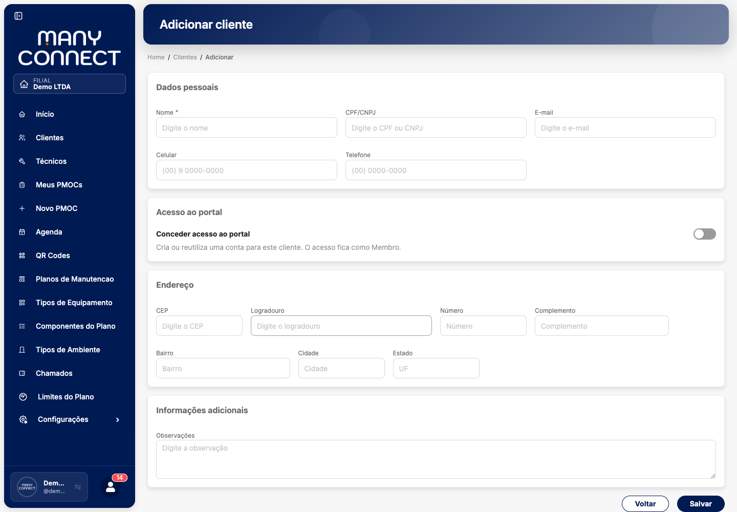 Formulário de cliente com a opção Conceder acesso ao Portal desligada