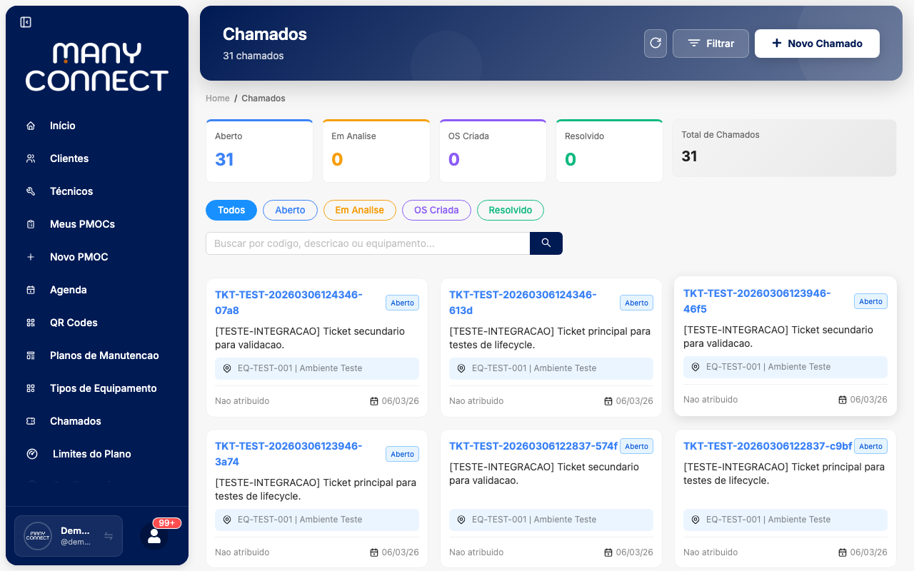 Painel de detalhes do chamado com linha do tempo de atendimento, comentários do técnico e status atual destacado