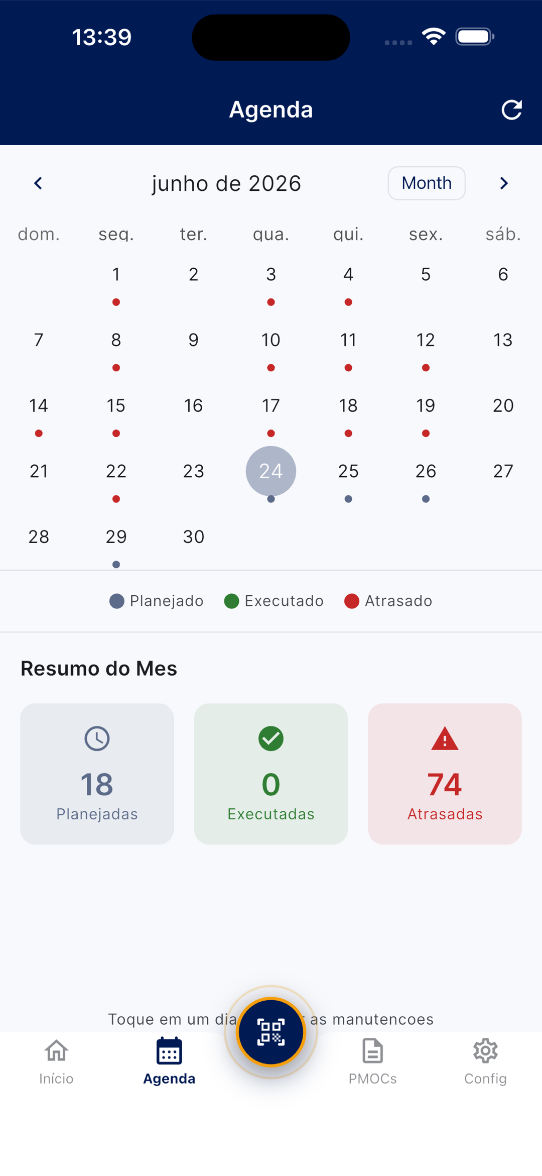 Agenda do app com calendário mensal, pontos coloridos por status (planejado, executado, atrasado), legenda e o Resumo do Mês com totais