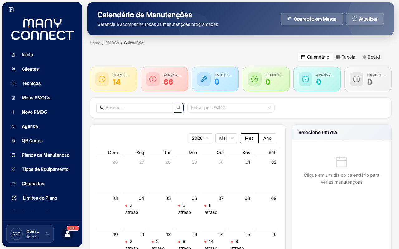 Calendário mensal da Agenda com visitas agendadas exibidas por data e técnico responsável