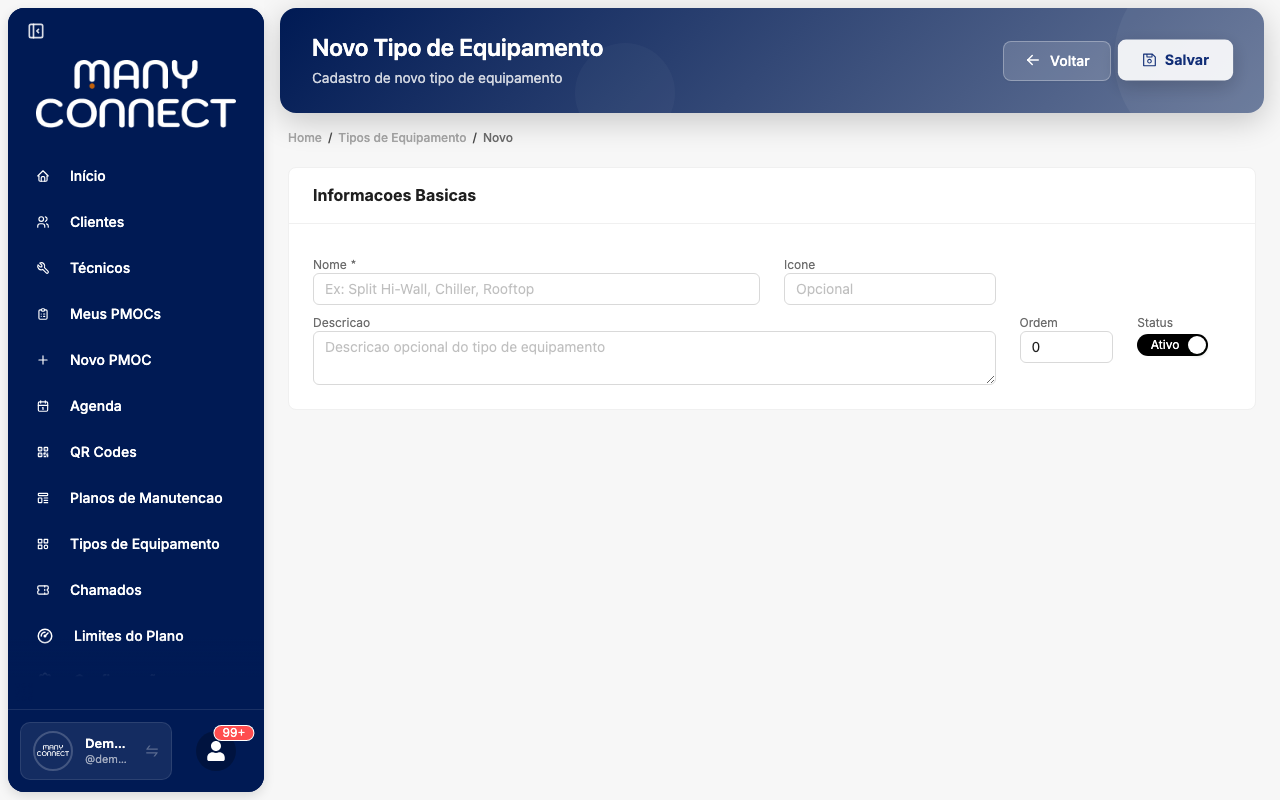 Novo tipo de equipamento listado na tabela com nome e categoria corretamente cadastrados