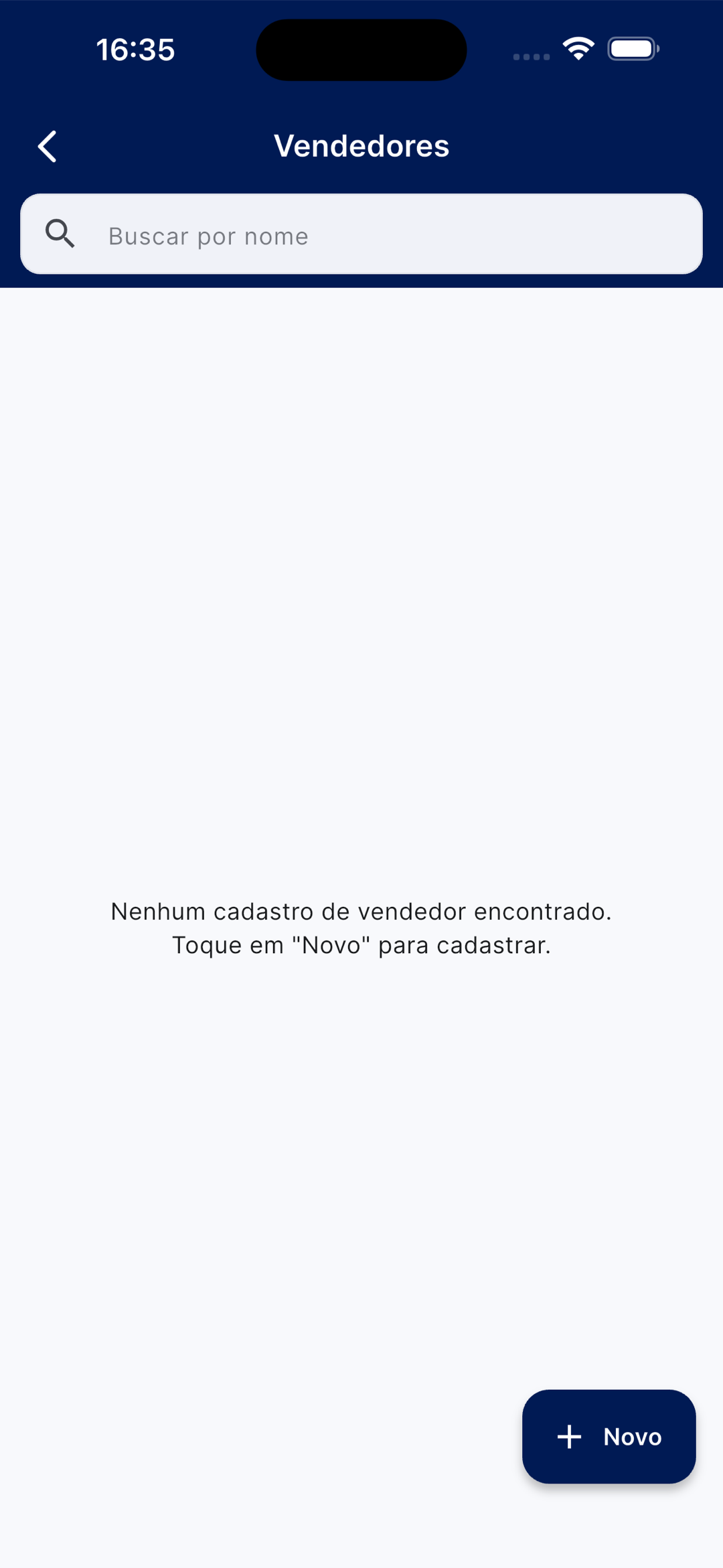 Estado vazio do cadastro de vendedores, com a mensagem 'Nenhum cadastro de vendedor'