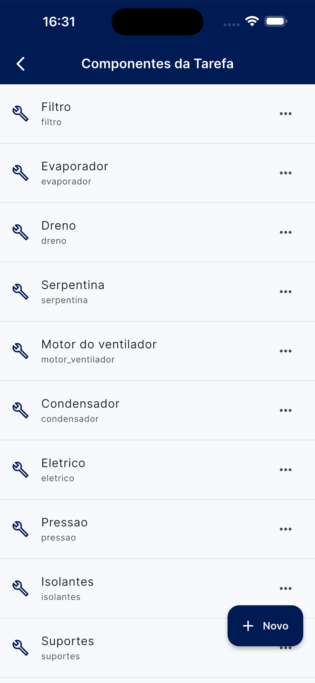 Lista de componentes da tarefa: Filtro, Evaporador, Dreno, Serpentina
