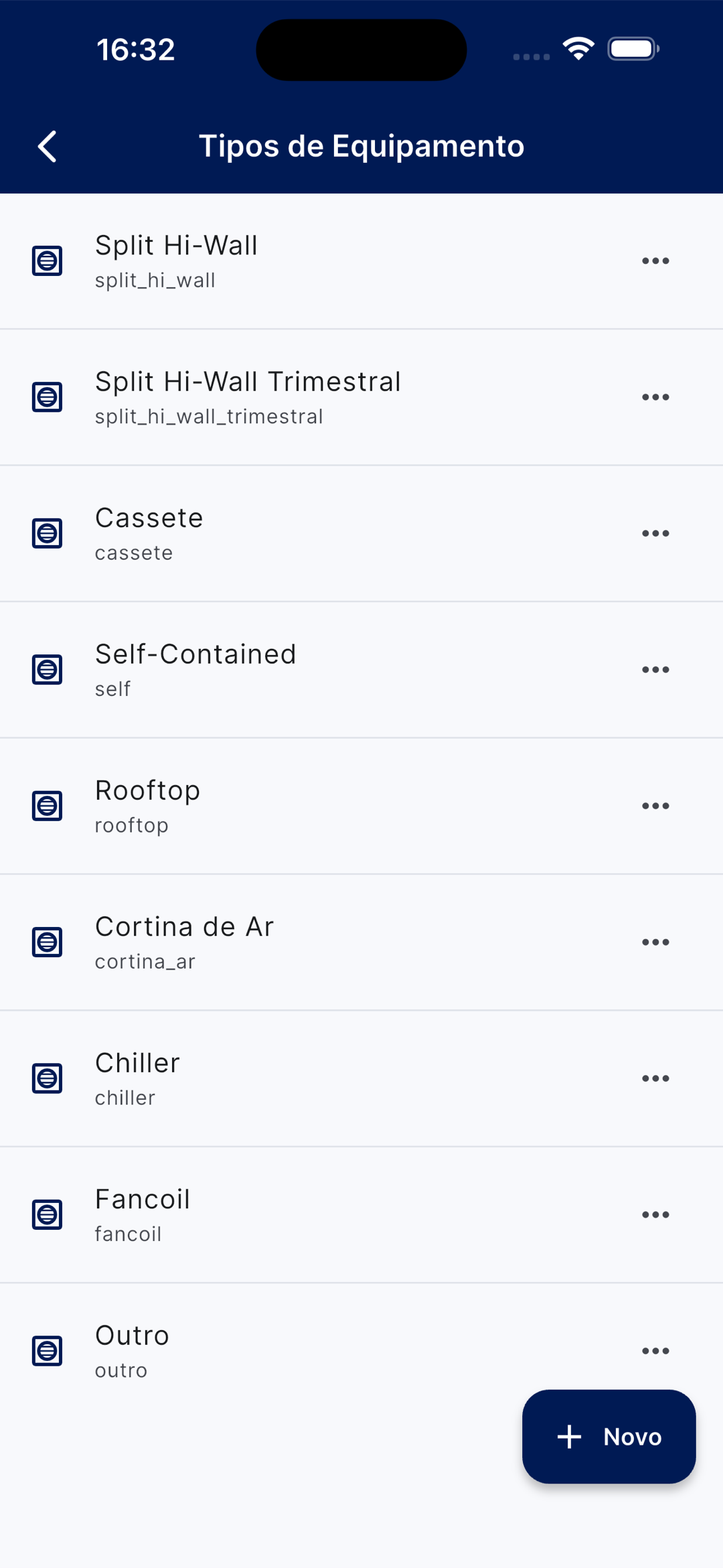 Lista de tipos de equipamento: Split Hi-Wall, Cassete, Chiller, Fancoil