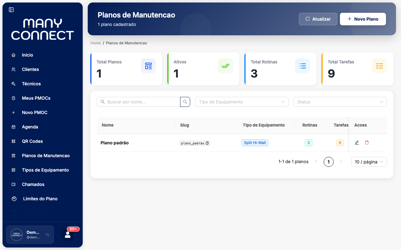 Lista de planos de manutenção cadastrados com botão Novo Plano no topo e colunas de nome e tipo de equipamento