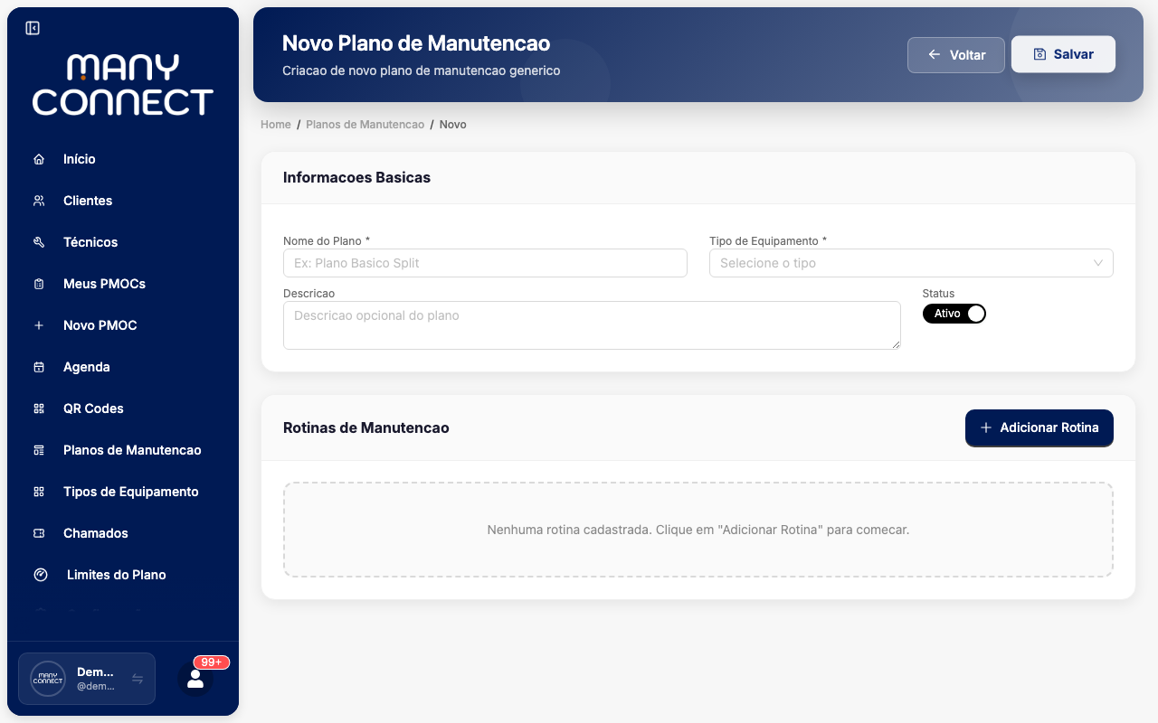 Plano recém-criado listado na tabela de planos com nome, tipo de equipamento e periodicidade configurada