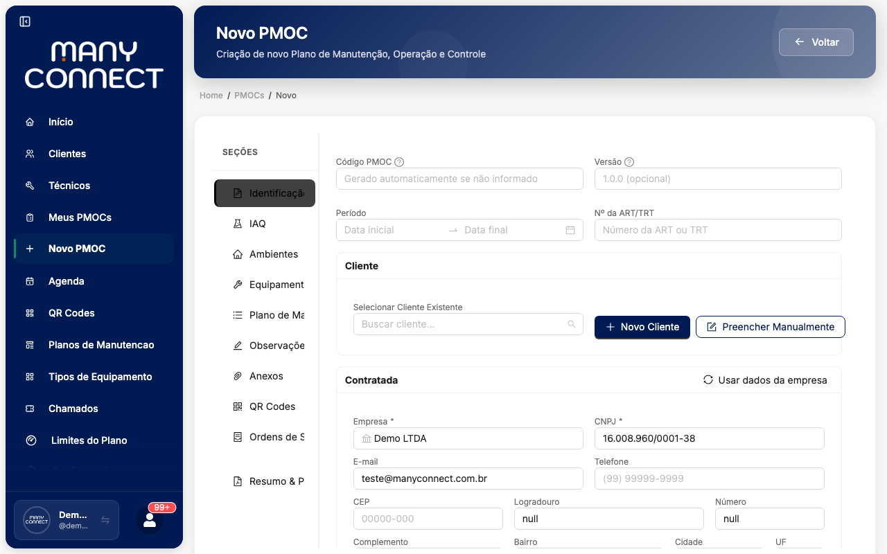 Formulário Novo PMOC aberto na seção Identificação, com sidebar de seções visível à esquerda