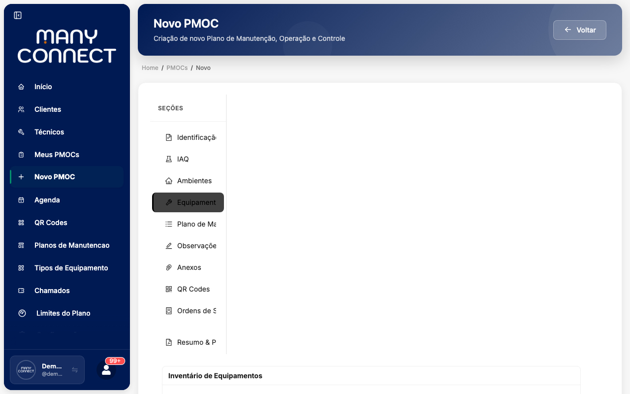 Seção Equipamentos com a sidebar destacando Equipamentos e a tabela Inventário de Equipamentos