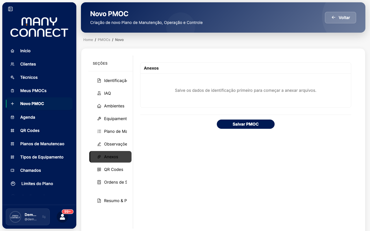 Seção Anexos com mensagem pedindo para salvar os dados de identificação antes de anexar arquivos