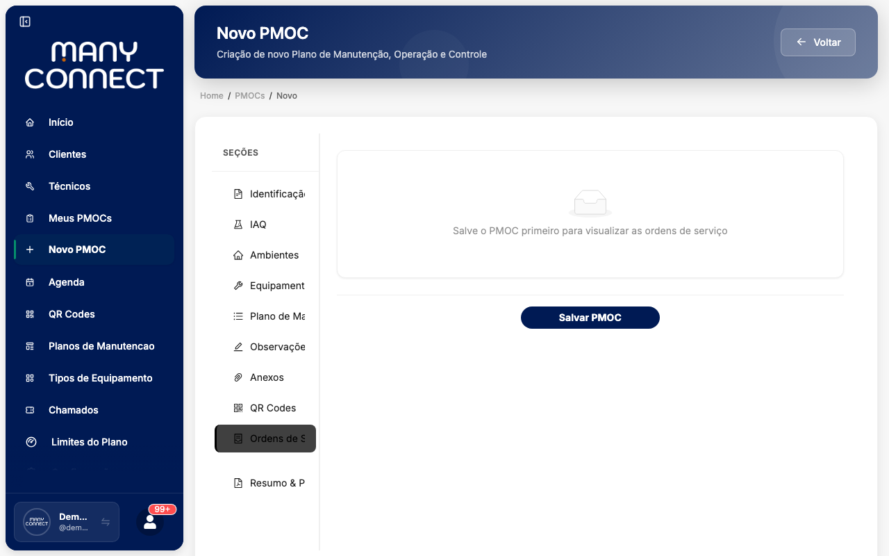 Seção Ordens de Serviço com mensagem pedindo para salvar o PMOC primeiro