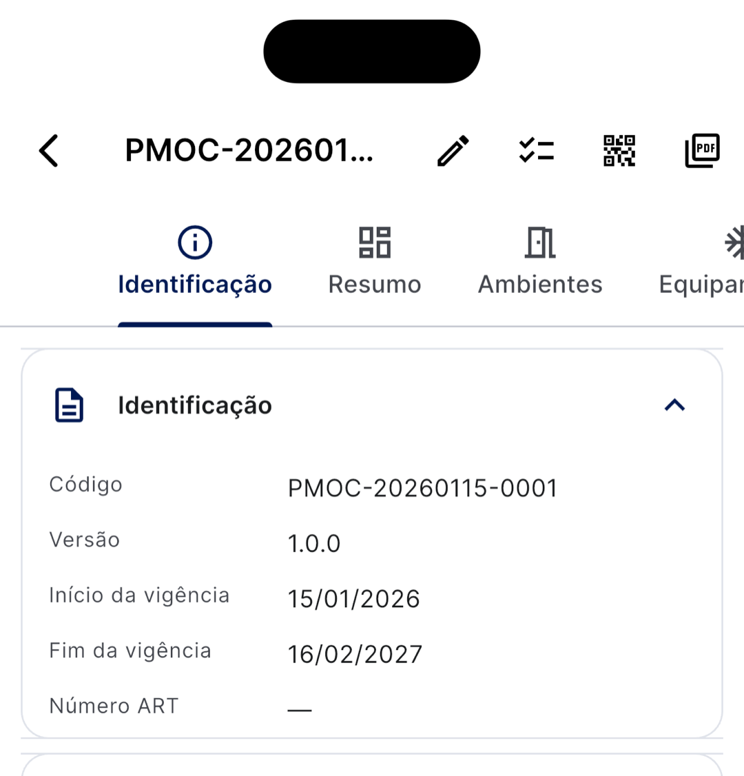 Aba Identificação do PMOC com código, versão, início e fim da vigência e número ART
