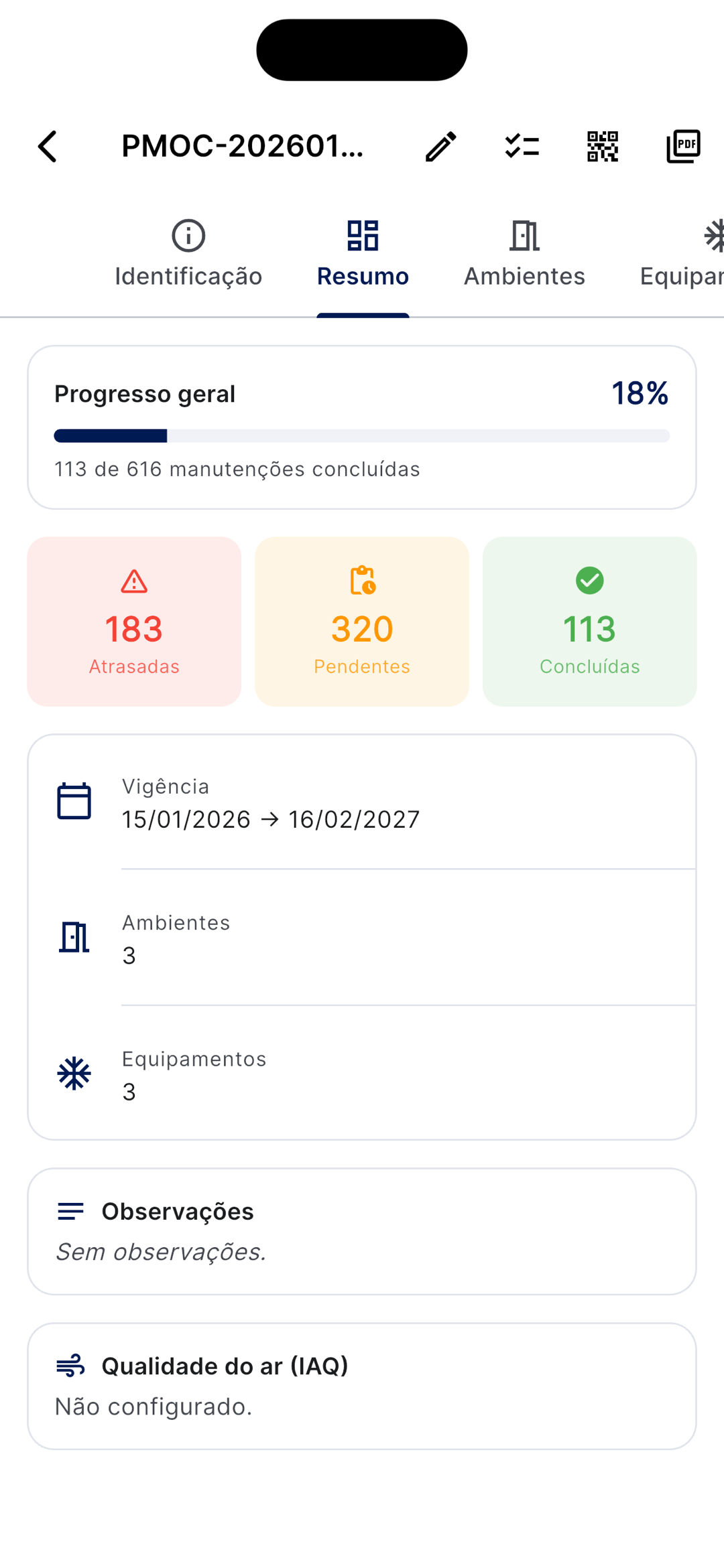 Aba Resumo com progresso geral, contadores de atrasadas/pendentes/concluídas, vigência, ambientes, equipamentos e qualidade do ar