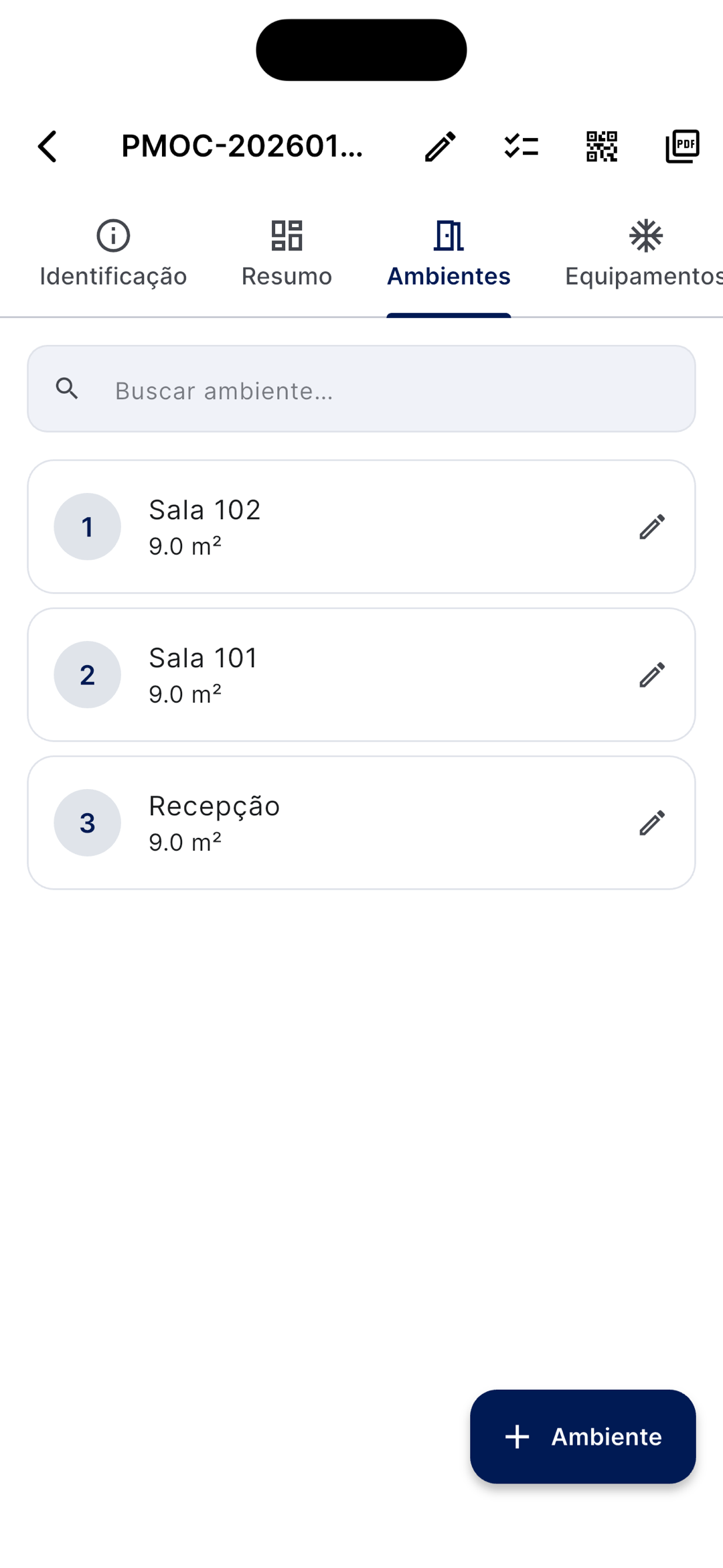 Aba Ambientes com lista de ambientes (Sala 102, Sala 101, Recepção) com área em m² e botão Ambiente