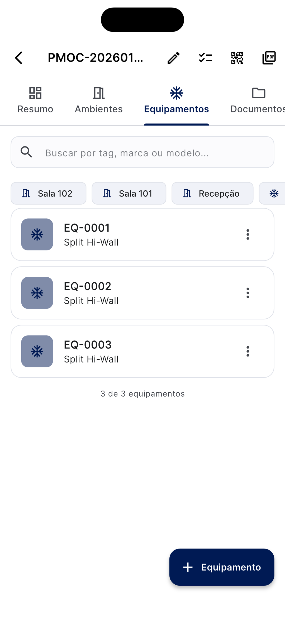 Aba Equipamentos com filtro por ambiente e lista de equipamentos EQ-0001/0002/0003 Split Hi-Wall, e botão Equipamento