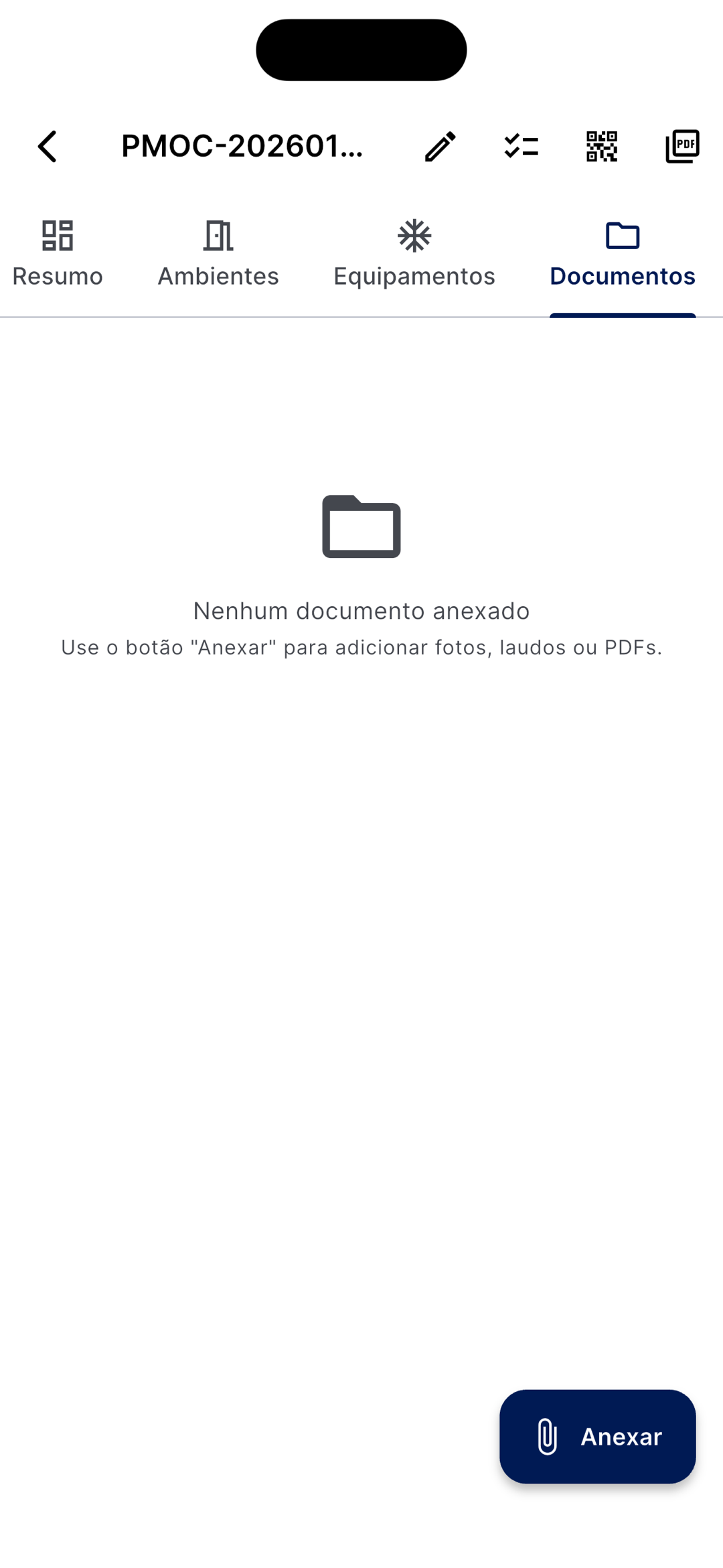 Aba Documentos vazia com a mensagem 'Nenhum documento anexado' e o botão Anexar