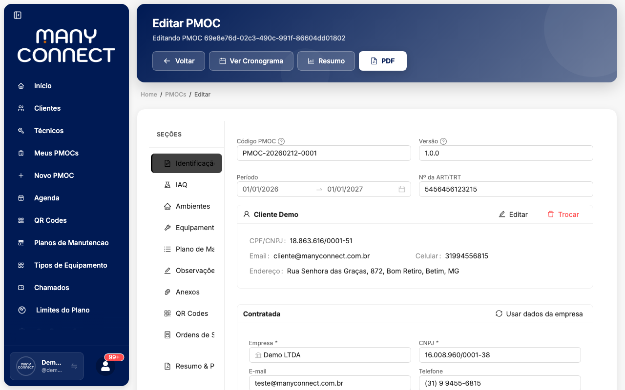 Formulário de edição do PMOC com campos Nome, Descrição, Datas de vigência e Status preenchidos