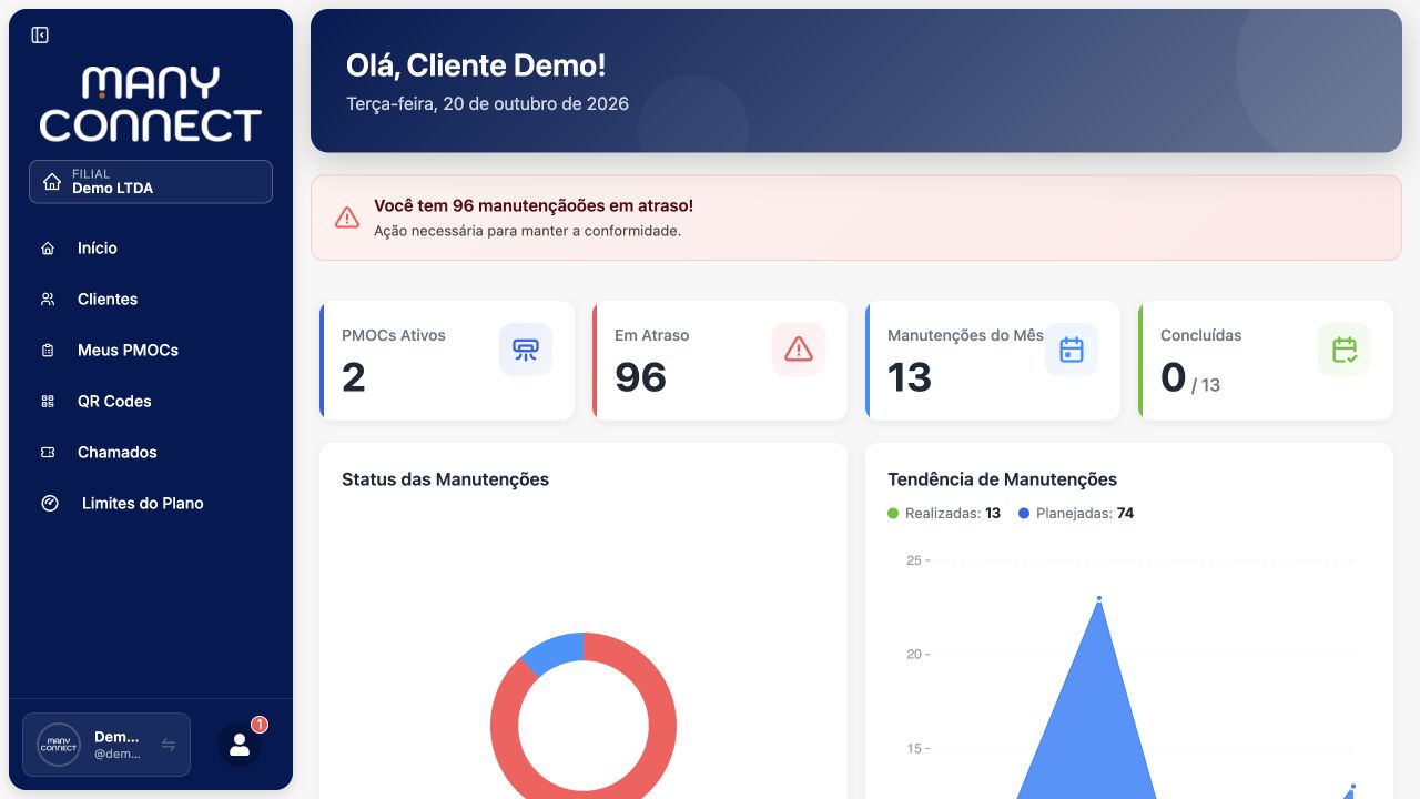 Início do Cliente Demo com atalhos Lista e QR Codes, sem Novo PMOC