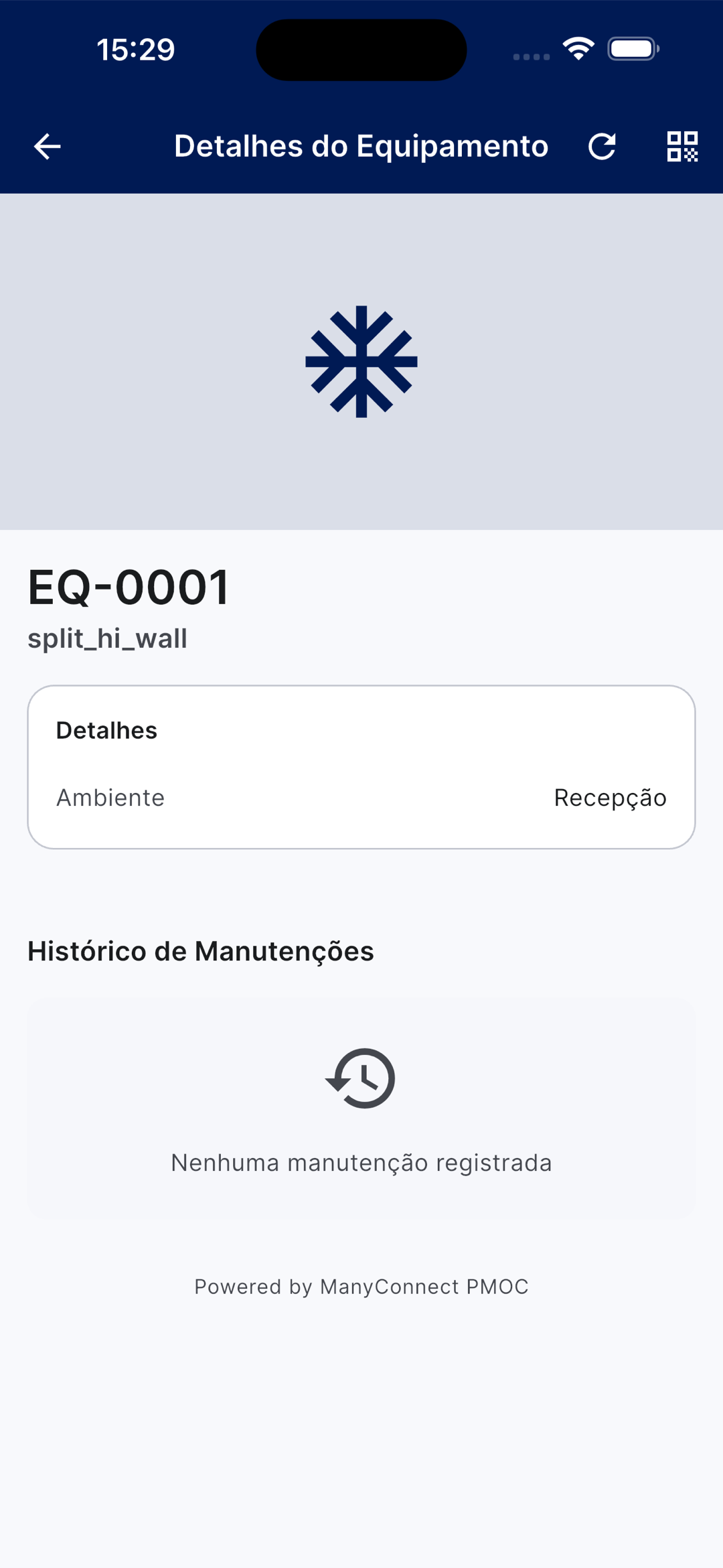 Ficha do equipamento EQ-0001 (split_hi_wall) com o ambiente (Recepção) e o histórico de manutenções vazio