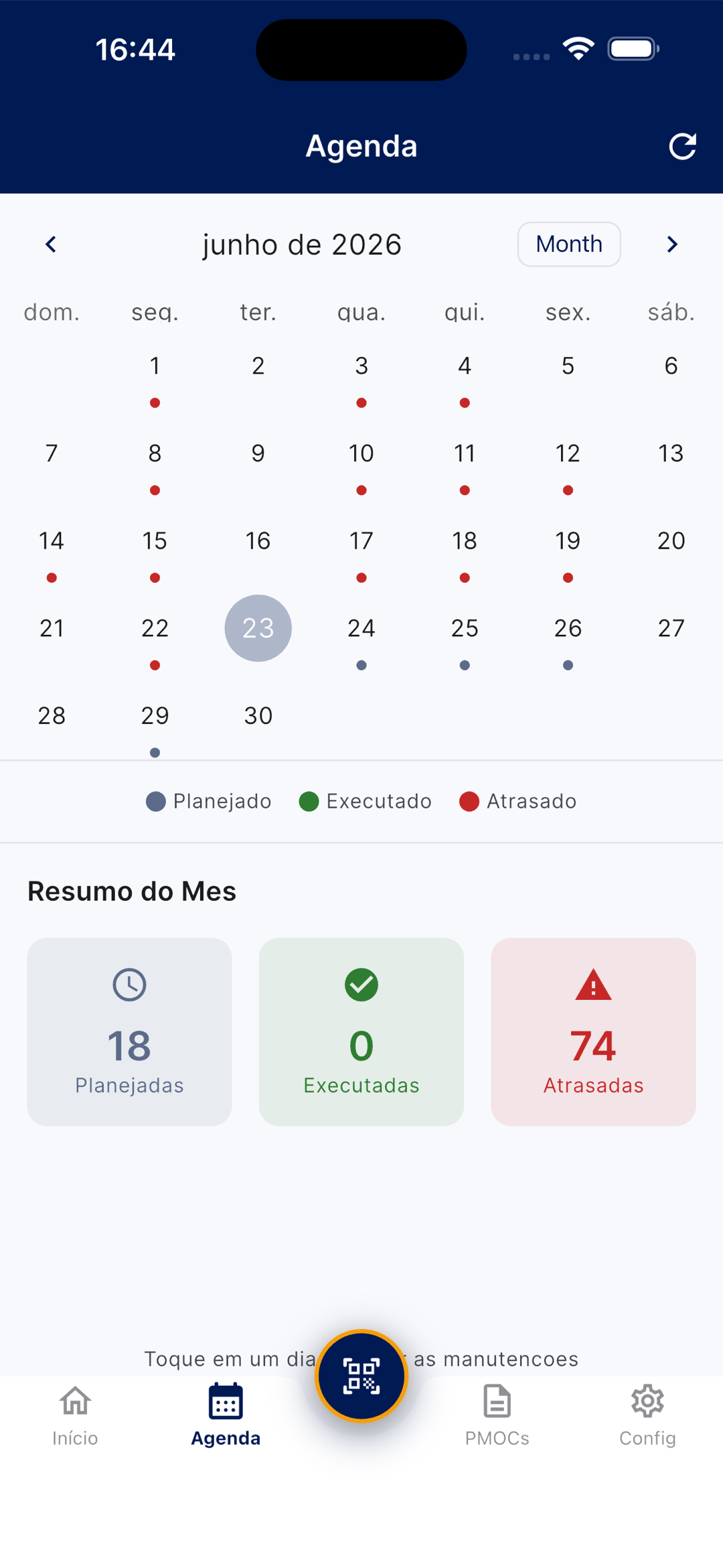Agenda mensal do app com legenda Planejado, Executado e Atrasado, e um resumo do mês