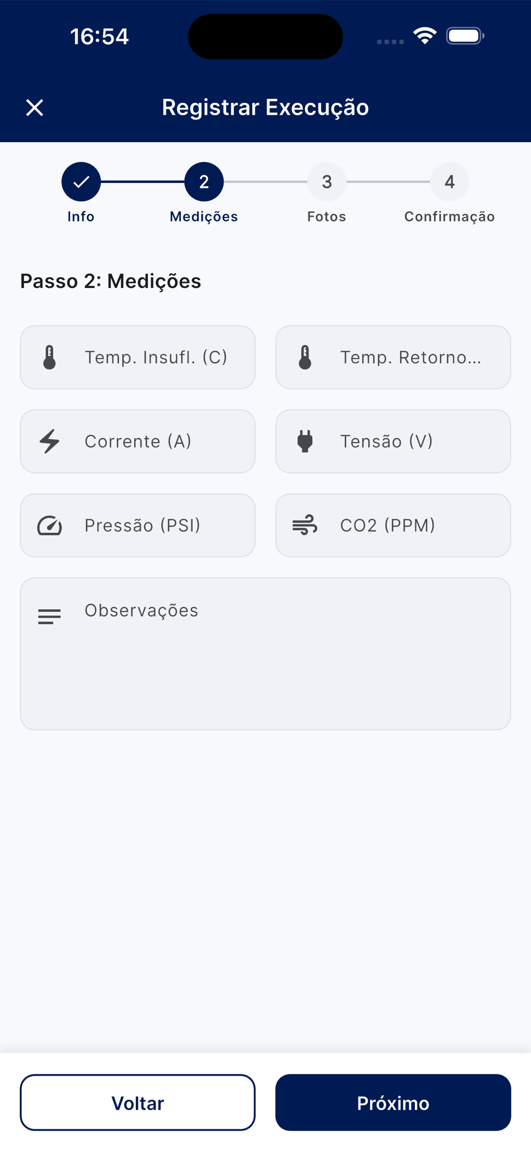 Passo de medições do wizard com campos de temperatura, corrente, tensão, pressão, CO2 e observações