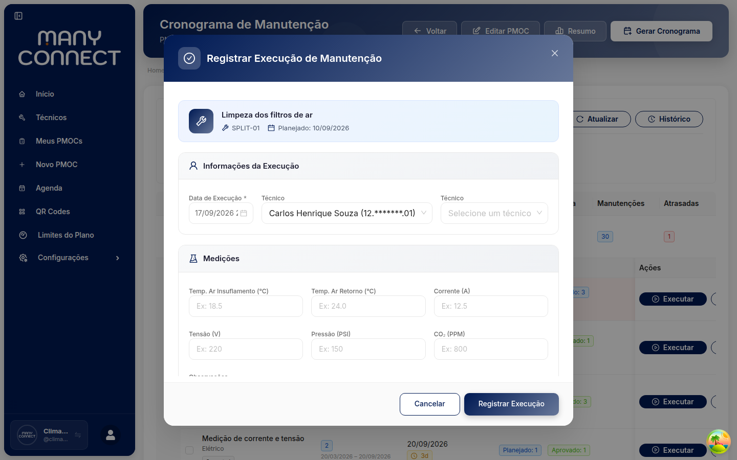Modal Registrar Execução de Manutenção da tarefa Limpeza dos filtros de ar do SPLIT-01, com Data de Execução preenchida, técnico Carlos Henrique Souza selecionado e a seção Medições