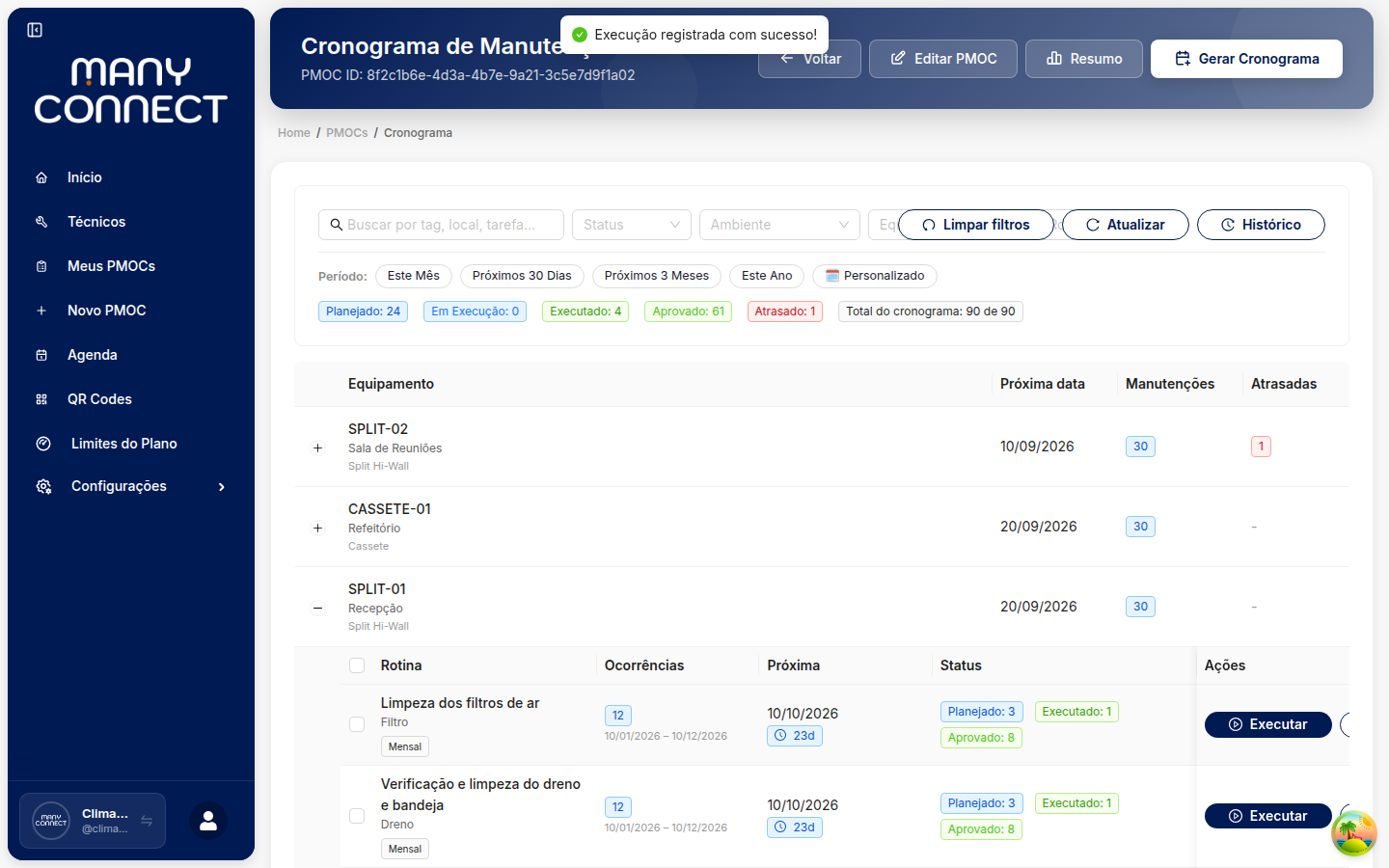 Cronograma após a execução: mensagem Execução registrada com sucesso, rotina Limpeza dos filtros de ar com Executado: 1 e próxima data 10/10/2026, contador Atrasado reduzido para 1