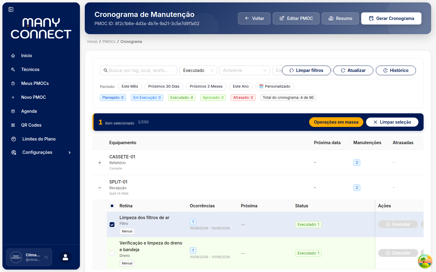 Cronograma filtrado por Status Executado, rotina Limpeza dos filtros de ar marcada e a barra 1 item selecionado com os botões Operações em massa e Limpar seleção