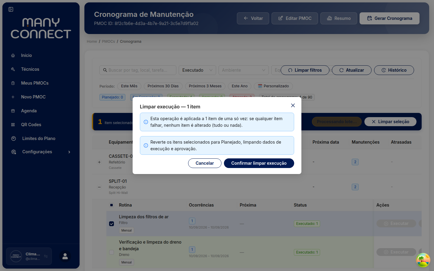 Modal Limpar execução — 1 item com os avisos de operação tudo ou nada e de reversão para Planejado, e o botão Confirmar limpar execução