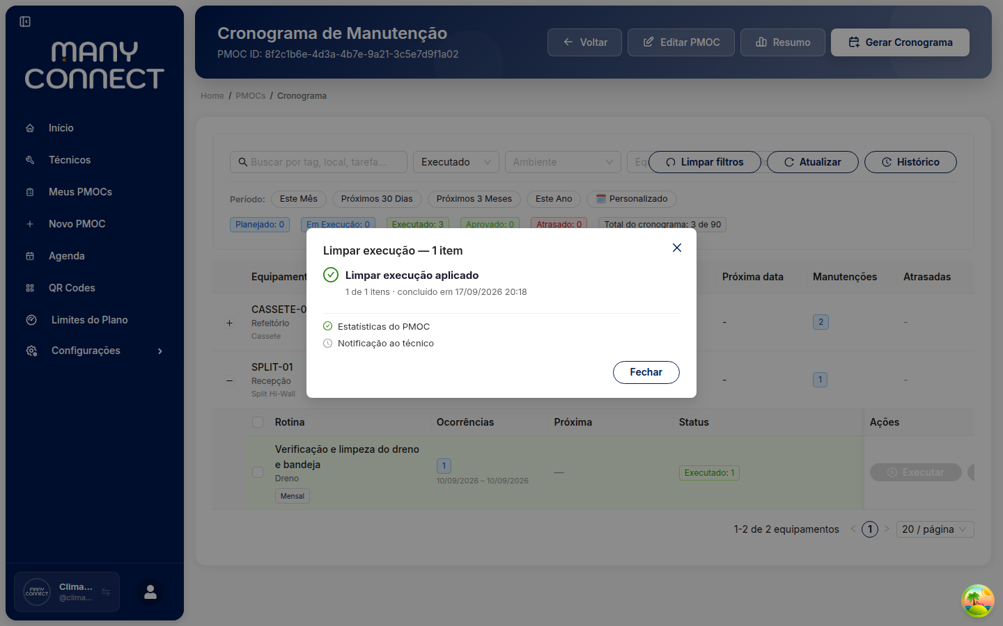 Painel de resultado Limpar execução aplicado, 1 de 1 itens, com Estatísticas do PMOC marcadas como ok e Notificação ao técnico como não aplicável