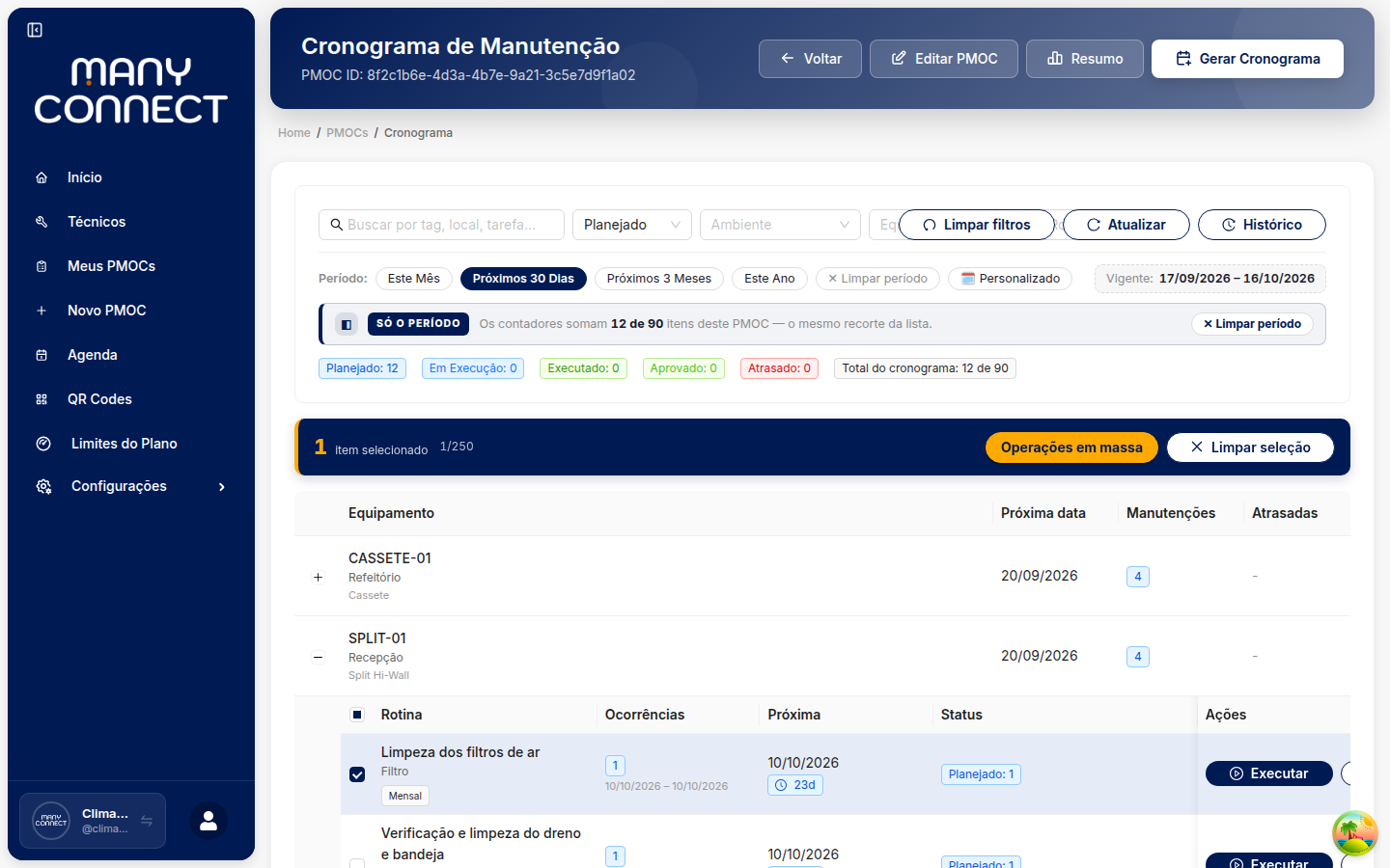 Cronograma com o preset Próximos 30 Dias e Status Planejado aplicados, rotina Limpeza dos filtros de ar com 1 ocorrência marcada e a barra 1 item selecionado