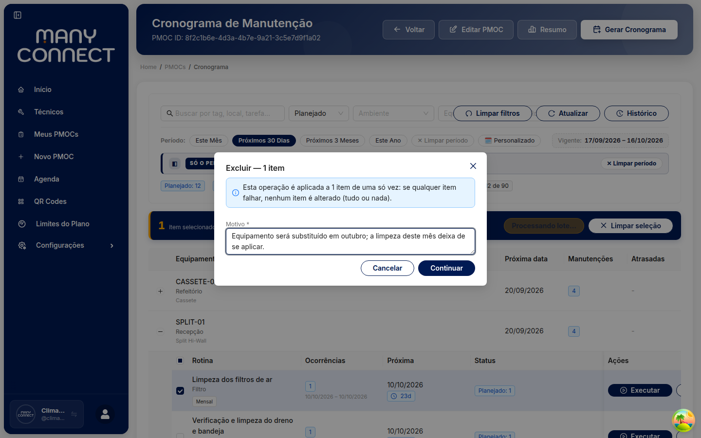Modal Excluir — 1 item com o aviso tudo ou nada, o campo Motivo preenchido e o botão Continuar