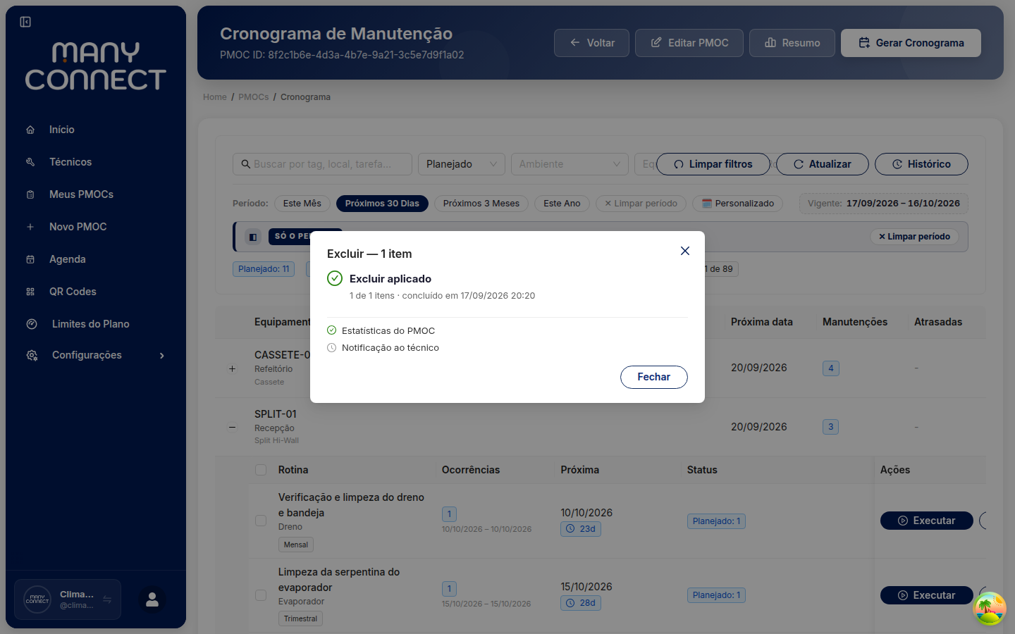 Painel Excluir aplicado, 1 de 1 itens, com o cronograma ao fundo já sem a ocorrência excluída e o equipamento SPLIT-01 com 3 manutenções no recorte