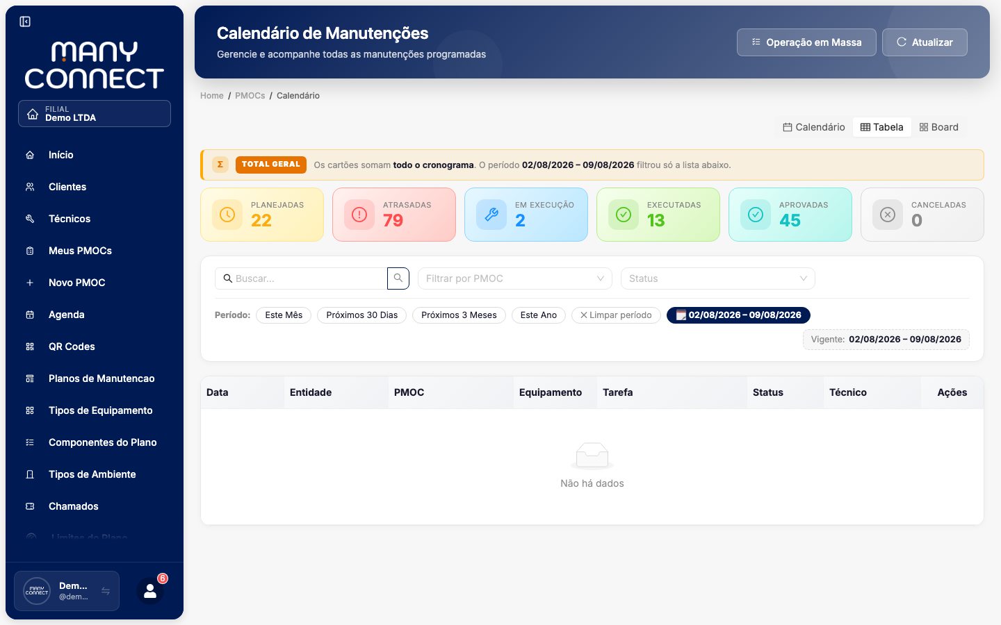 Popover de data personalizada aberto sobre a barra de período, com data inicial e final selecionadas