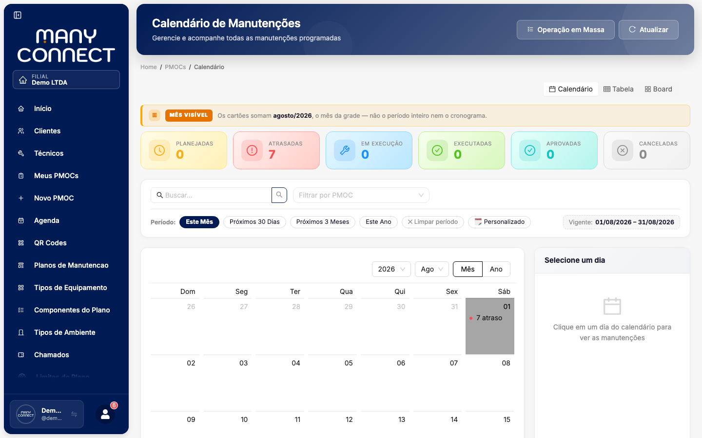 Visão Calendário da Agenda após aplicar um período, com a grade navegada para o mês inicial do intervalo