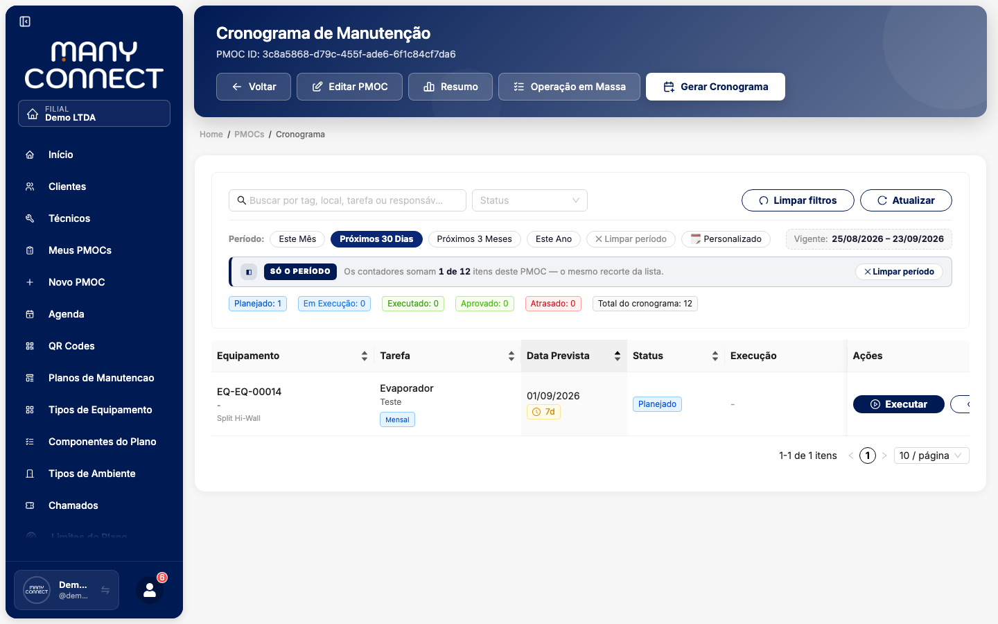 Tabela de Cronograma de um PMOC com filtro de período aplicado, lista de tarefas restrita ao intervalo escolhido