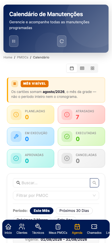 Tela mobile da Agenda com um preset de período aplicado na barra compacta do topo