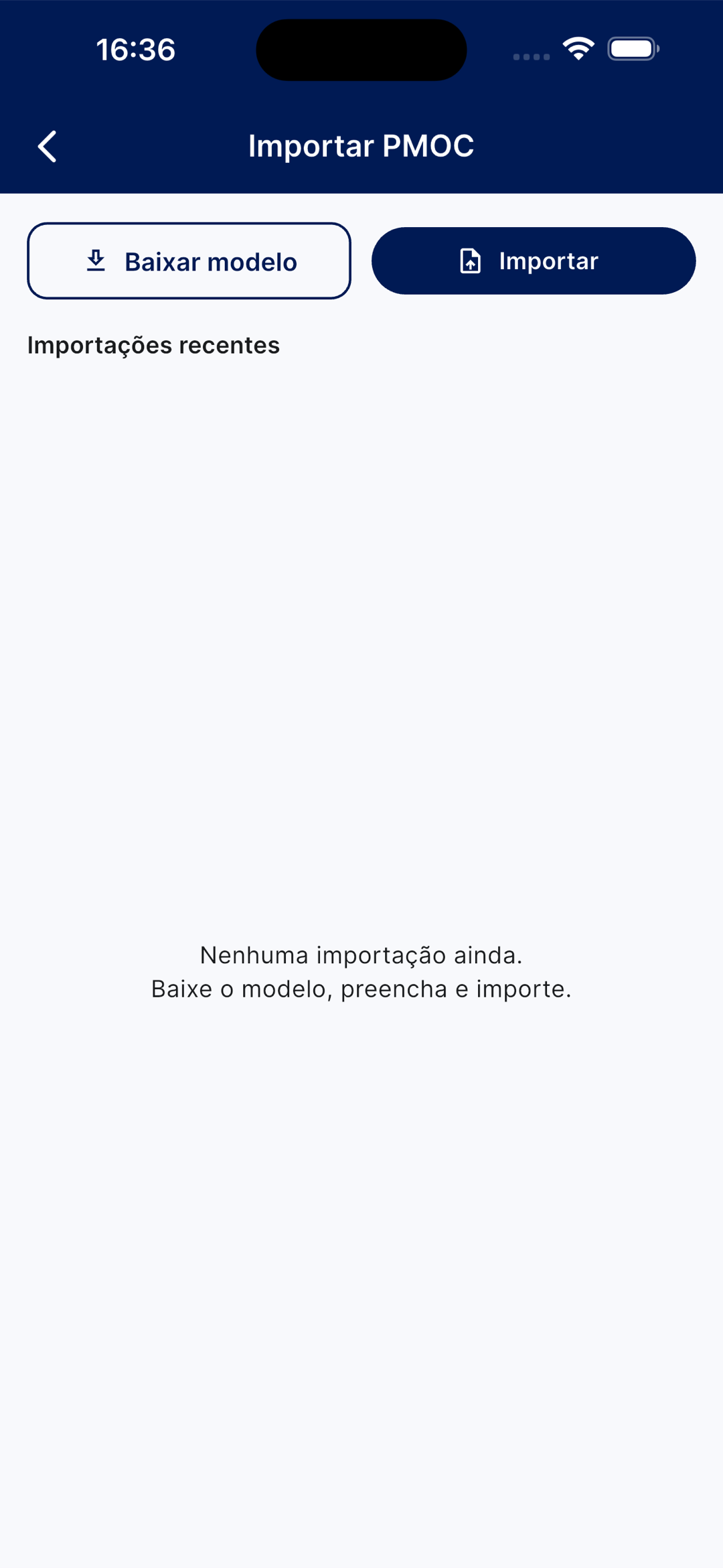 Tela de importação de PMOC com as ações Baixar modelo e Importar, e a lista de histórico de importações
