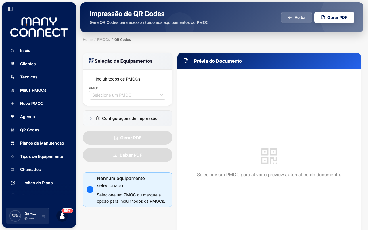 Página de QR Codes com opções de escopo (Por PMOC, Por equipamento, Por cliente) e lista de itens para seleção