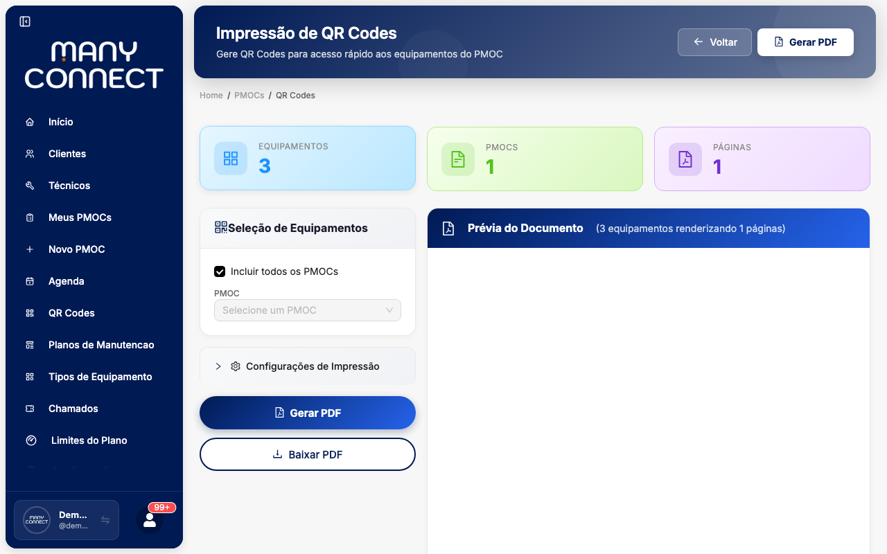 Equipamentos selecionados com checkboxes marcados e opções de customização de tamanho e etiqueta visíveis