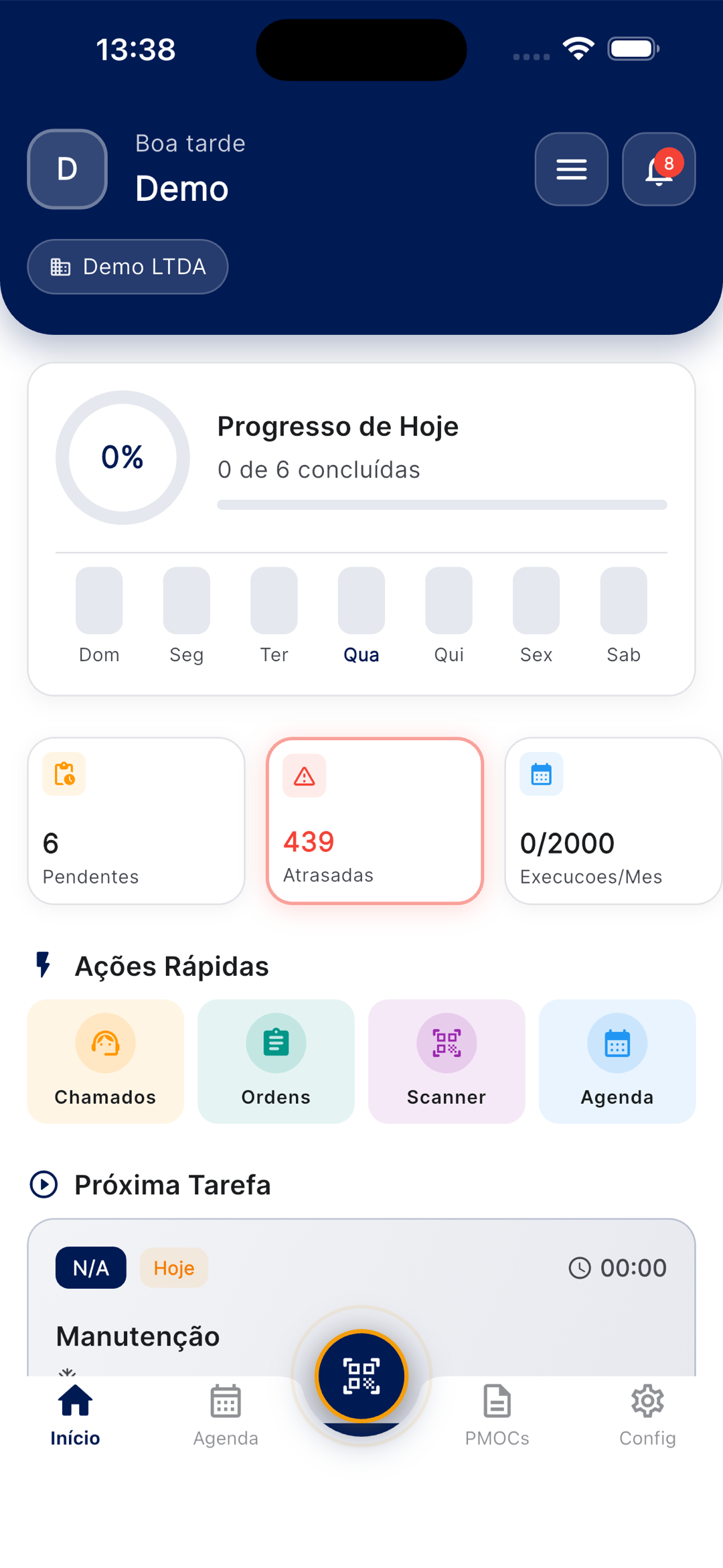 Tela Início do app com saudação, card de Progresso de Hoje, indicadores de pendentes/atrasadas/execuções, Ações Rápidas e a Próxima Tarefa