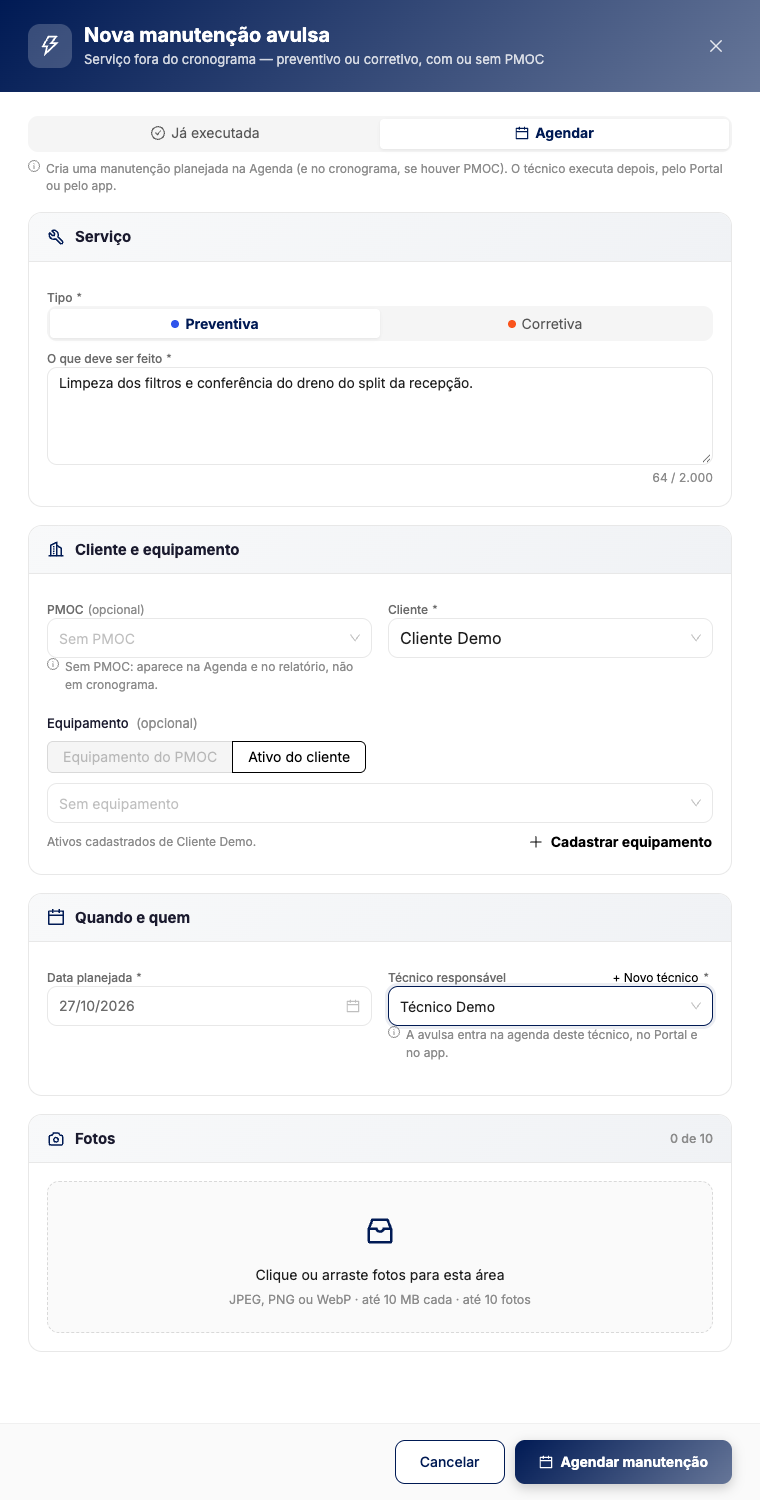 Painel Nova manutenção avulsa na aba Agendar, com tipo Preventiva, o que deve ser feito, cliente Cliente Demo sem PMOC, data planejada 27/10/2026 e técnico responsável