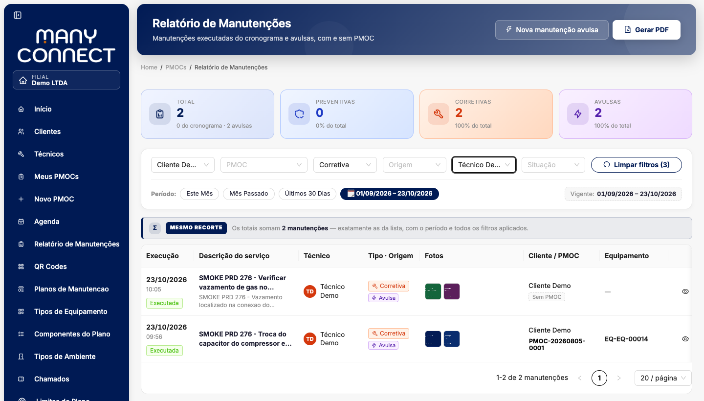 Relatório de Manutenções filtrado por Cliente, Tipo Corretiva e Técnico, com dois resultados e os totais refletindo o filtro