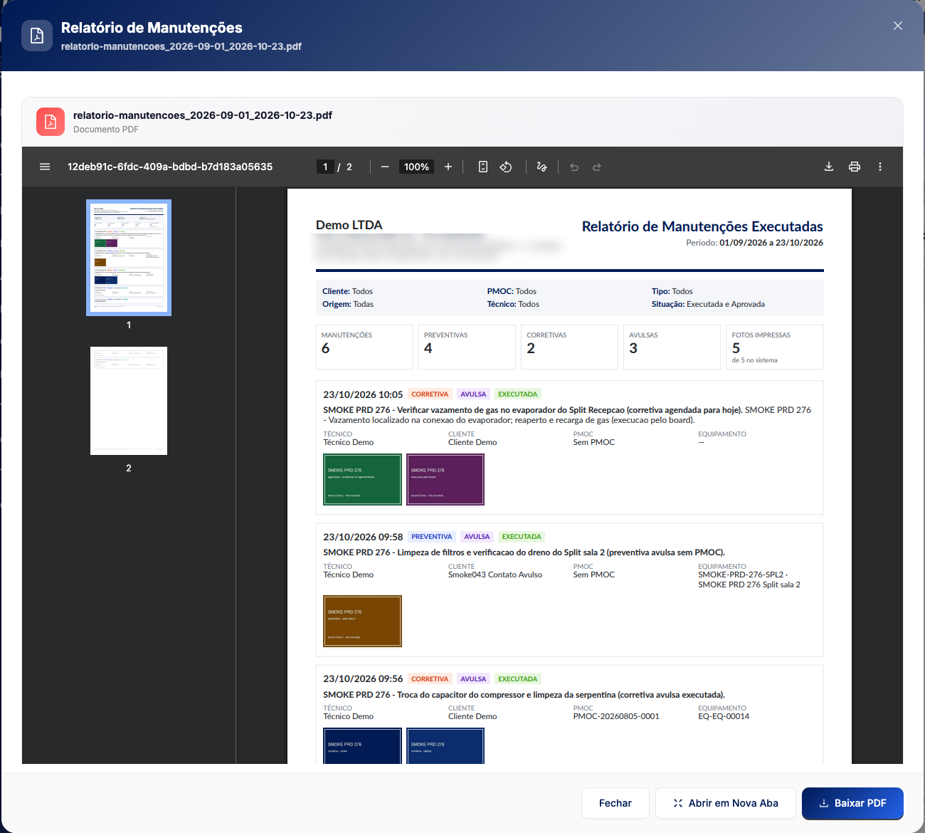 Prévia do PDF Relatório de Manutenções Executadas, com cabeçalho da empresa, período, filtros aplicados, totais, fotos impressas e uma entrada por manutenção com as fotos