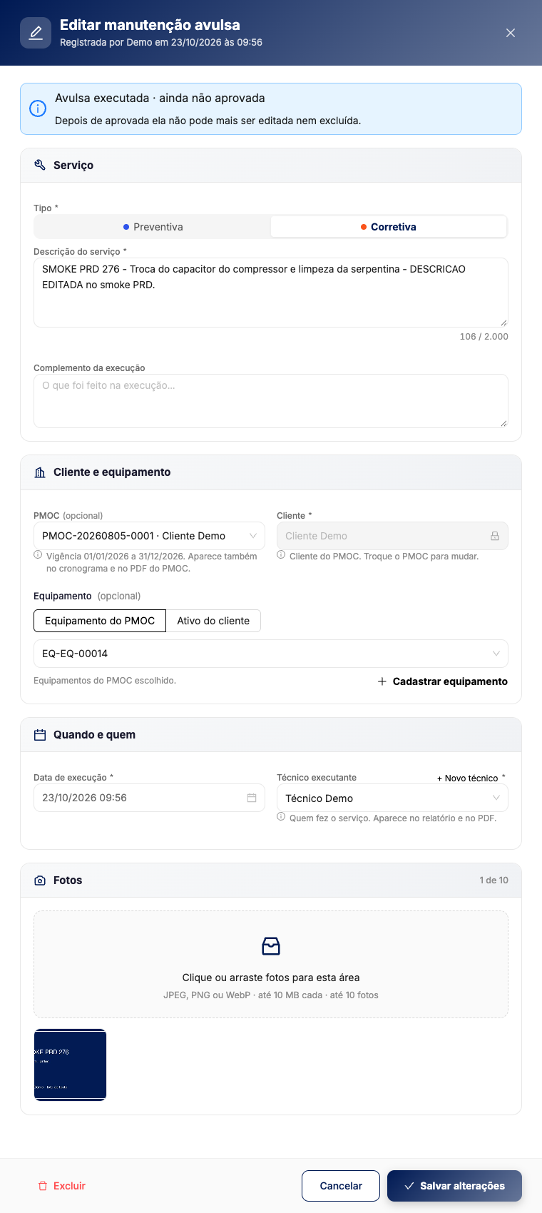 Painel Editar manutenção avulsa com o aviso de que depois de aprovada ela não pode mais ser editada nem excluída, a descrição alterada e apenas uma foto restante
