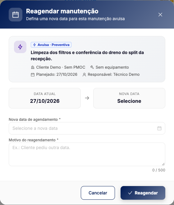 Janela Reagendar manutenção com a data atual, o campo Nova data de agendamento e o campo Motivo do reagendamento