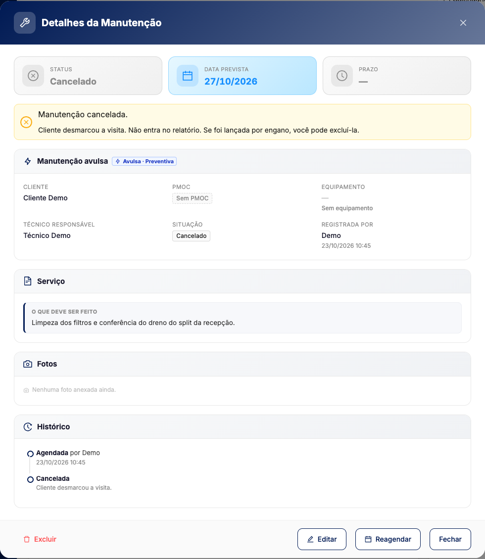 Detalhes de uma avulsa com situação Cancelado, aviso amarelo com o motivo e rodapé com Excluir, Editar, Reagendar e Fechar