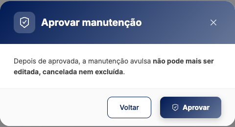 Janela Aprovar manutenção avisando que, depois de aprovada, a manutenção avulsa não pode mais ser editada, cancelada nem excluída, com os botões Voltar e Aprovar