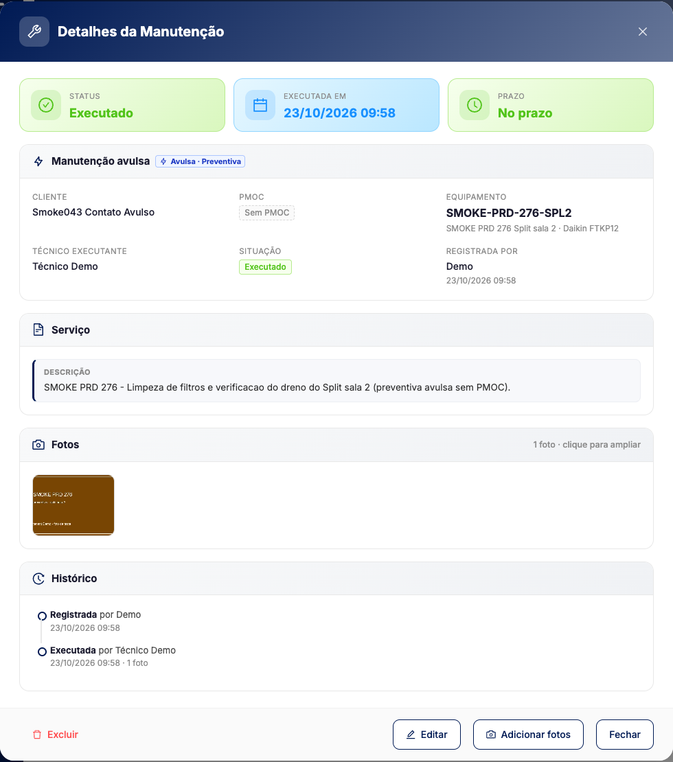 Detalhes de uma avulsa executada vista pelo Técnico, com rodapé contendo Excluir, Editar, Adicionar fotos e Fechar, sem o botão Aprovar