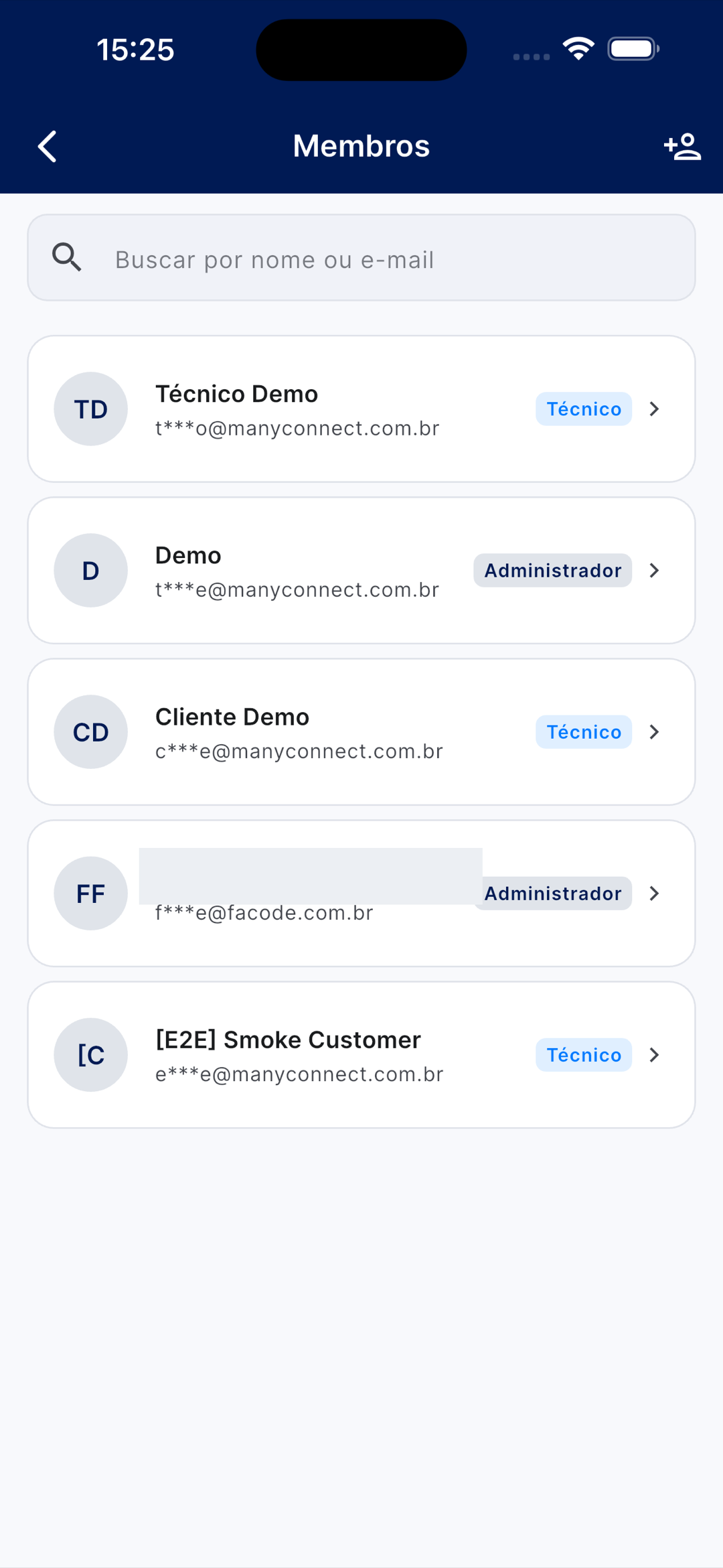 Lista de membros da empresa, cada um com nome, e-mail (mascarado) e papel (Técnico ou Administrador), e um botão para convidar