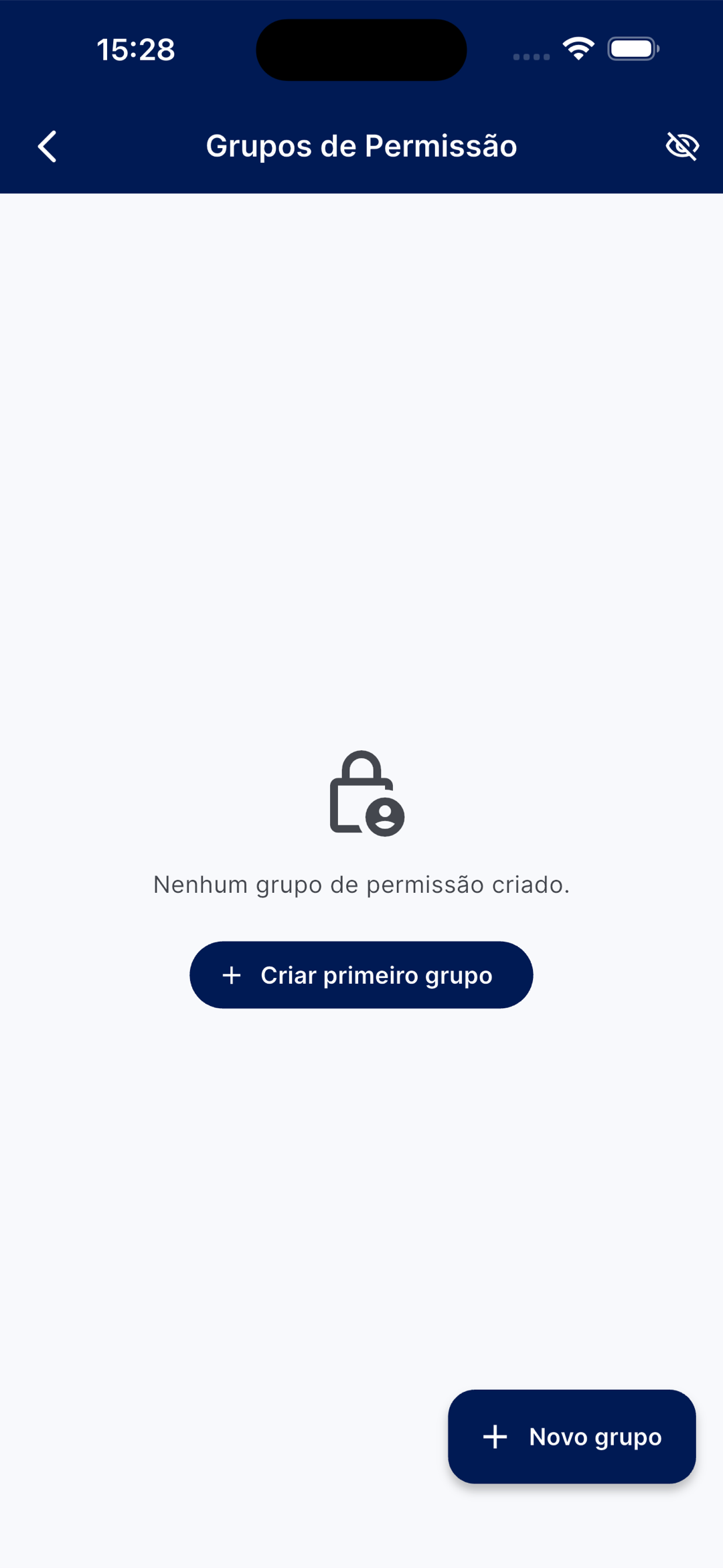 Tela de Grupos de Permissão vazia, com a mensagem 'Nenhum grupo de permissão criado' e o botão Criar primeiro grupo